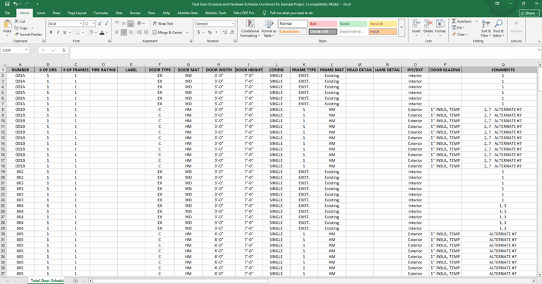 Both Door and Hardware Schedule tables combined into one report by CPS in MS Excel.