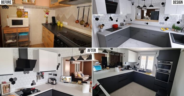 Kitchen before, design concept and after villa reform in La Marina, showing new dark cabinetry