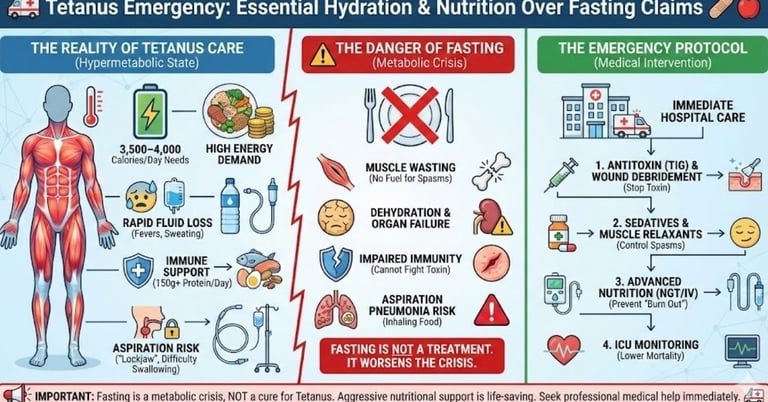 🚑 Tetanus Emergency : Essential Hydration & Nutrition Over Fasting Claims 🩹🍎