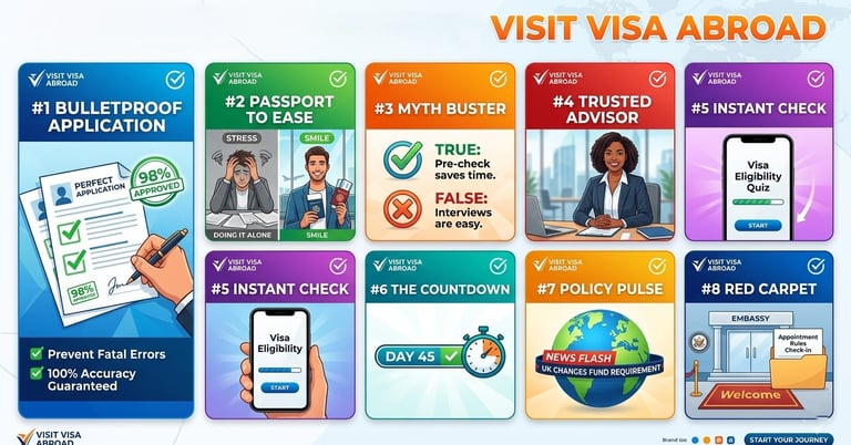 nfographic showing 8 visual marketing templates for Visit Visa Abroad, detailing services like bulle