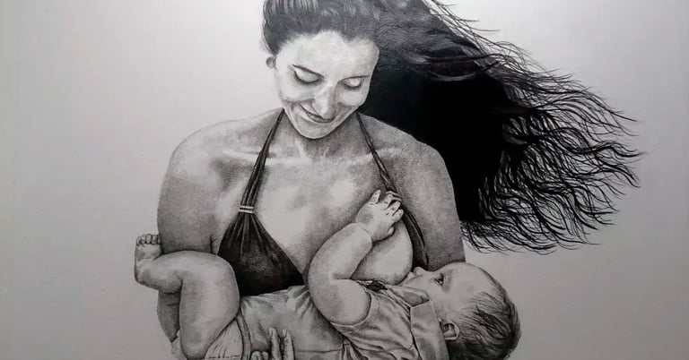 Allysson Caetano | retrato realista feito a mão, de mãe amamentando o filho