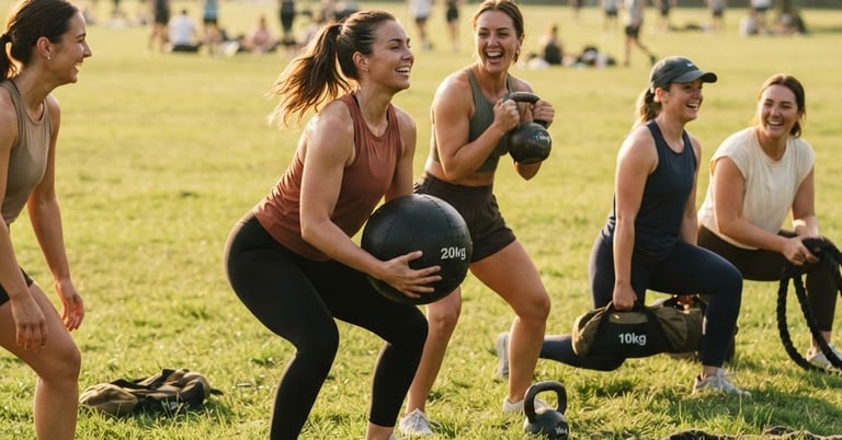 A group of women laughing during an outdoor fitness class in a park with medicine balls and weights.