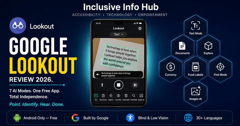Google Lookout Review 2026 featured image showing 7 AI modes on Android interface with honeycomb hexagon feature badges 