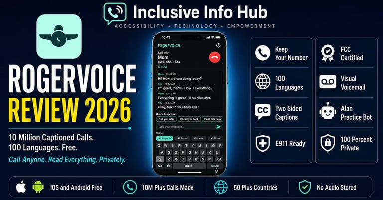 RogerVoice Review 2026 featured image showing live captioned phone call interface with split panel feature badges 