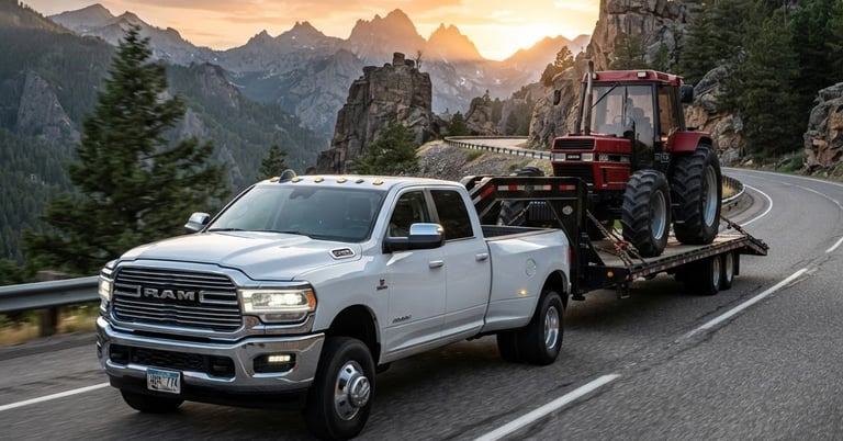 Low-angle heroic shot of a white RAM 3500 dually truck towing a black 40ft gooseneck flatbed trailer carrying a red tractor, at sunrise on a scenic mountain highway, high-contrast industrial tones, sharp focus.