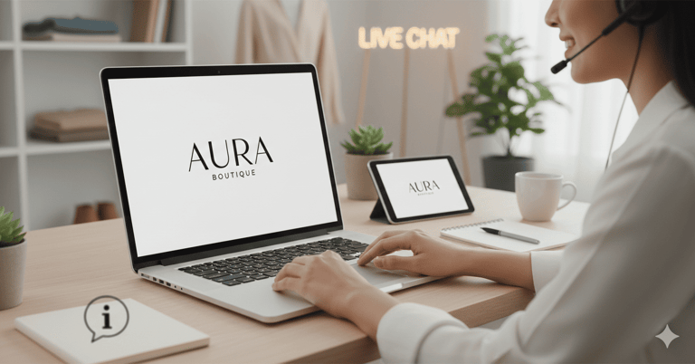 Agente de atención al cliente brindando asistencia por chat en vivo para la tienda en línea Aura