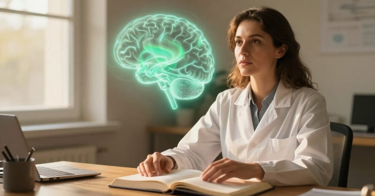 Woman at wooden desk in golden light with soft aurora brain waves overlaid above her
