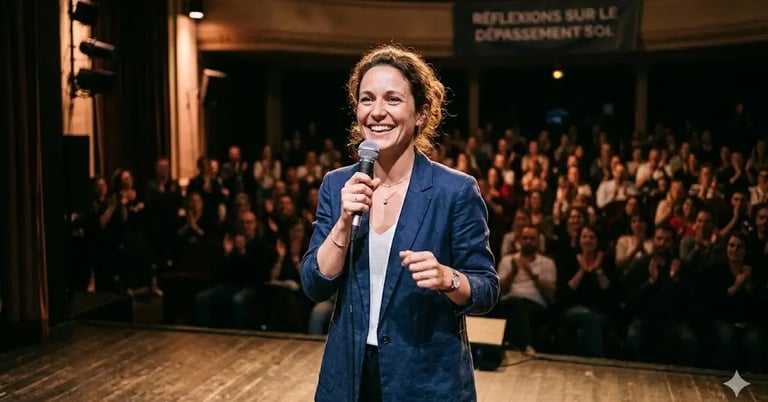 une femme sur une scène prlant dans un micro