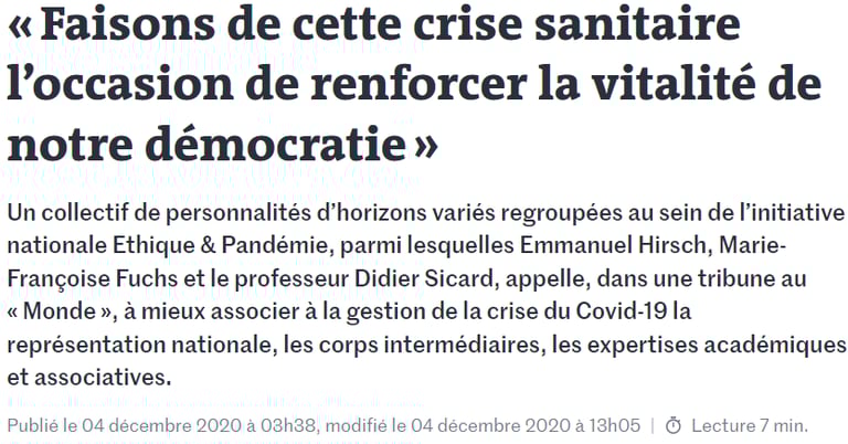 Faisons de cette crise sanitaire l’occasion de renforcer la vitalité de notre démocratie Le Monde