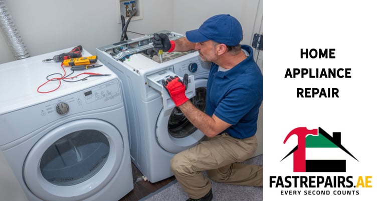 a man in a blue shirt and gloves is fixing a washing machine