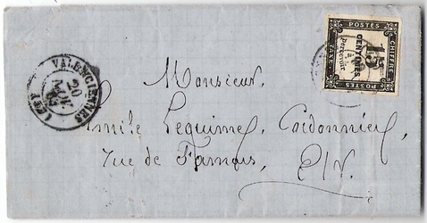 1864: Brief von und nach VALENCIENNES mit Nachporto.
