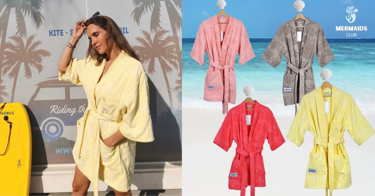 Woman relaxing outdoors wearing Mermaids Club cotton beach robes after swimming.