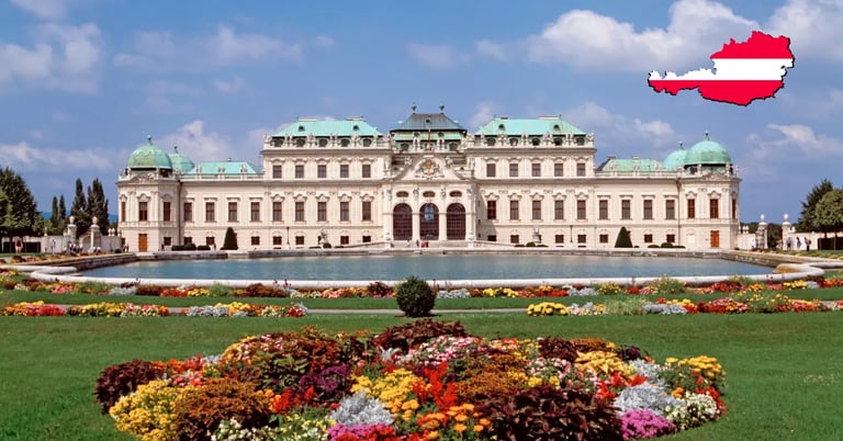 The historic baroque Belvedere Palace and gardens with the Austrian flag overlay.