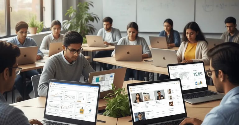 Instructor teaching digital marketing foundations to students using laptops in a bright classroom