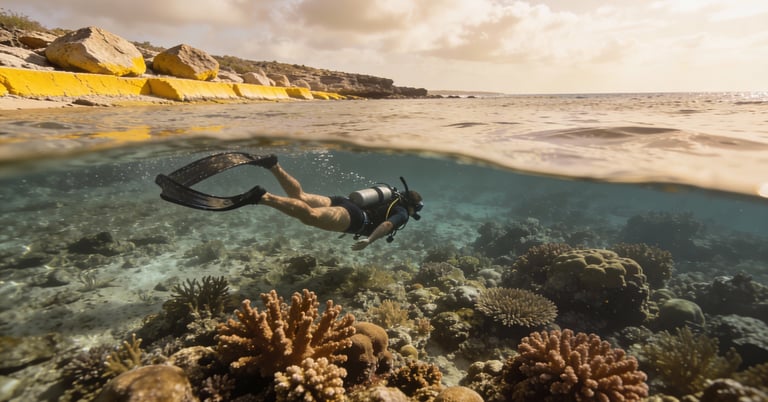 Scuba diver shore diving in Bonaire over a shallow coral reef slope in calm, crystal-clear turquoise water.