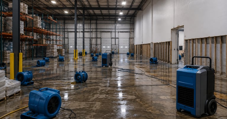 Commercial warehouse structural drying and water damage restoration with industrial dehumidifiers an