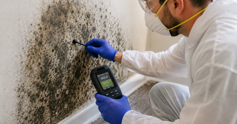 Professional mold inspection inside a water-damaged wall