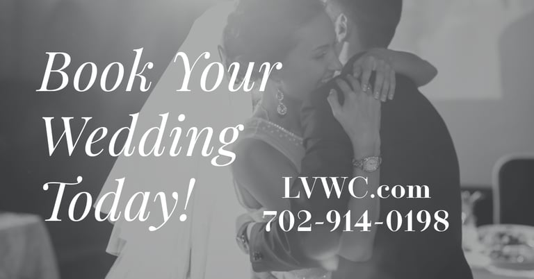 A happy bride and groom hugging with text to book your wedding today in Las Vegas.
