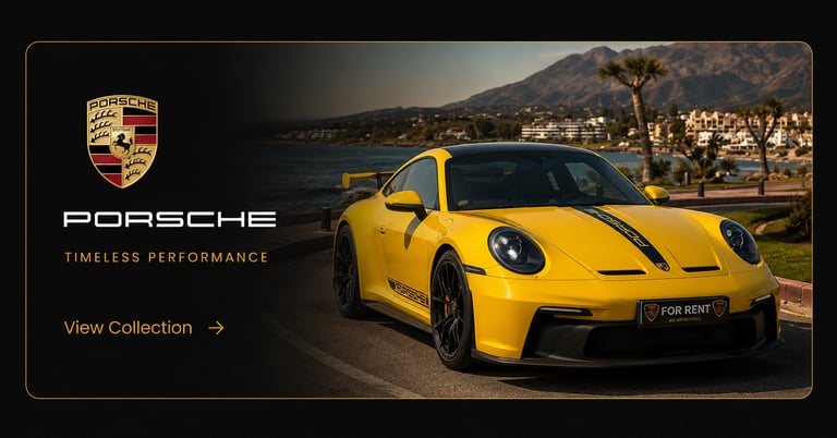 Yellow Porsche 911 GT3 luxury car for rent parked on a scenic coastal road at sunset.