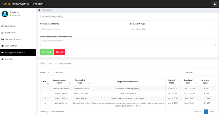 Hotel Management System - Manage Complaints Page