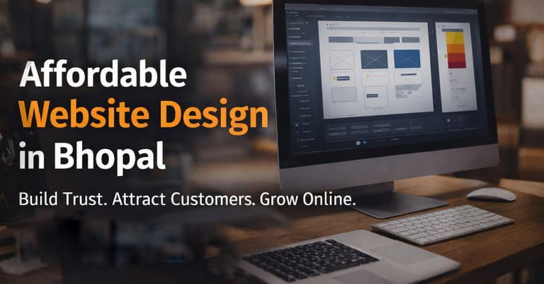 Affordable website design in Bhopal displayed on desktop screen with modern workspace setup.
