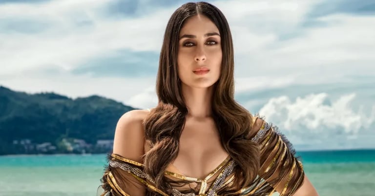 Kareena Kapoor Khan posing in a gold sequin designer outfit with a tropical beach background.