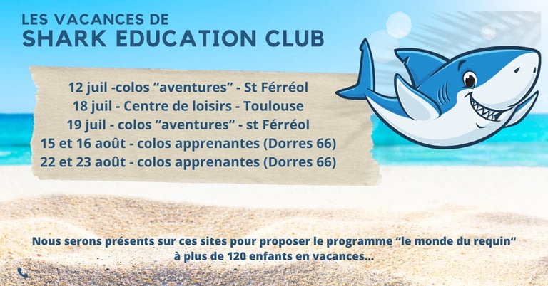 un requin qui présente les dates des animations Shark Education Club