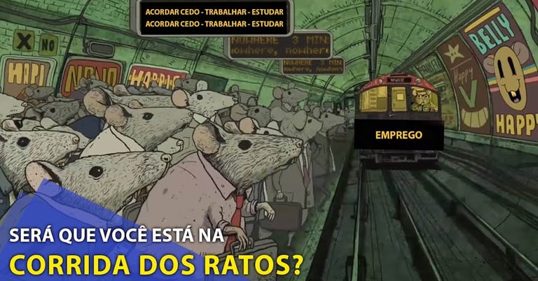 imagem mostra uma estação detrem ilustrada com desenhos de ratos simbolizando a corrida dos ratos.