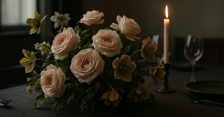 Close editorial photograph inside a West Loop private dining room before an intimate dinner — a low, dense centerpiece of garden roses at 80% bloom and trailing hellebores sits on a dark linen tablecloth, existing candlelight and soft window ambient, shot tight from a low angle to reveal structural depth and negative space within the arrangement