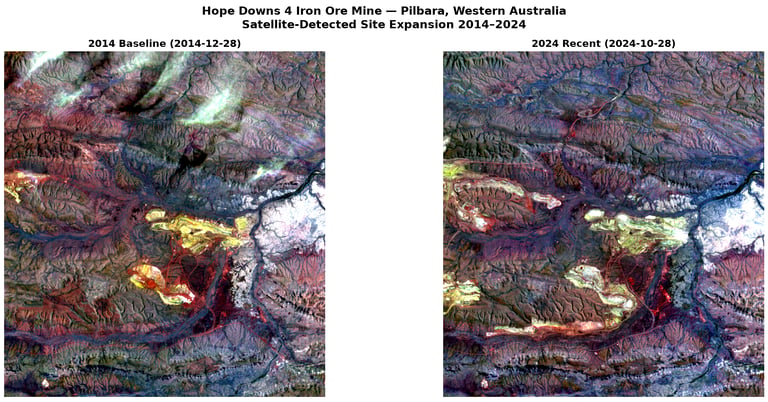 Side-by-side satellite comparison of Hope Downs 4 in 2014 and 2024 showing visible mine expansion