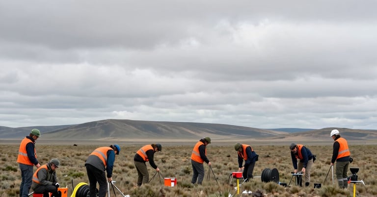 Wide environmental shot, overcast daylight, a field survey team deploying a resistivity electrode array across open terrain, cable reels and measurement stakes visible in foreground, flat scrubland extending to distant hills, no workers facing camera