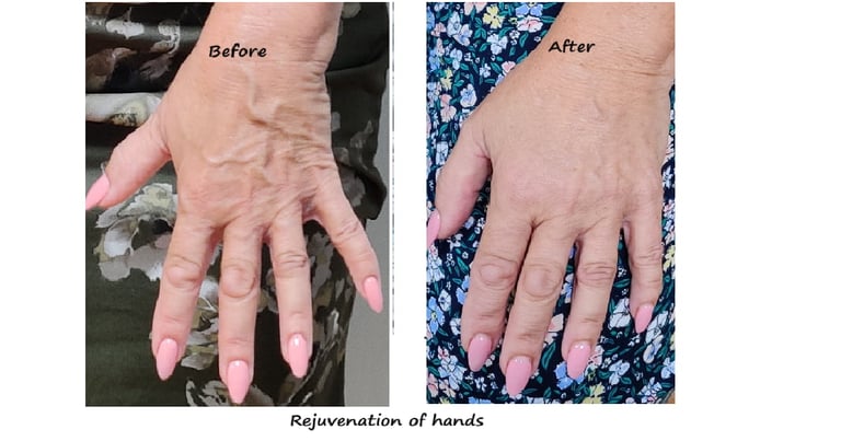 Före/efter handfiller – minskade vener, återställd volym och slätare hud.