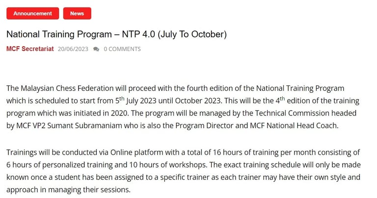 National Training Program 2023 by Malaysian Chess Federation 
