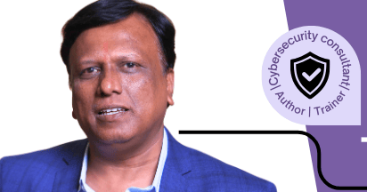 Cybersecurity consultant and author Mahadev Thukaram's professional profile banner with a shield icon.