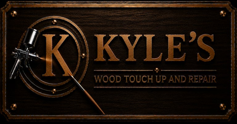 Kyle's Wood Touch Up and Repair logo featuring gold lettering, a spray gun, and a paintbrush on a dark wood background.