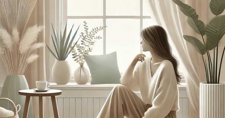 Soft illustration of a woman sitting thoughtfully with a journal in her lap, surrounded by cozy textures and indoor plants in