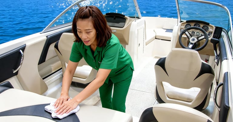 An image of A woman in a green uniform wiping the engine cover of a speedboat.
