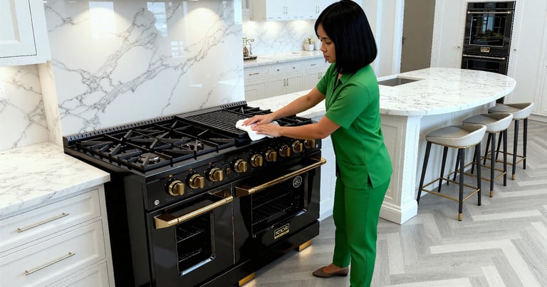 An image of a woman wiping the stove top in a kitchen..