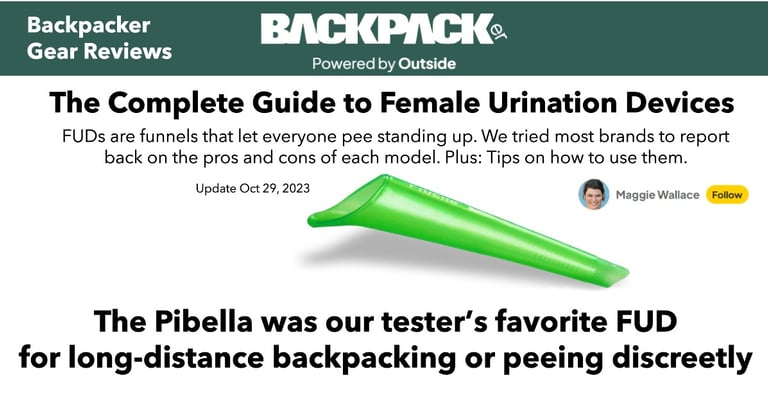 Pibella female urination device (FUD) named best in Backpacker Magazine's "Complete Guide to Female Urination Devices"