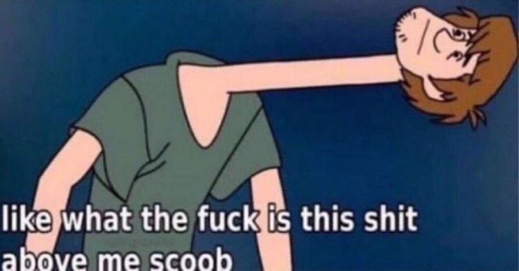 Shaggy looking upwards asking what's this shit above me Scoob