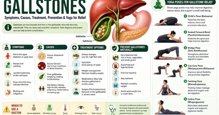 Illustration showing gallstones in the gallbladder with symptoms