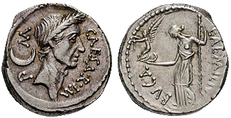 Julio César. Febrero-marzo 44 a. C. AR Denario (3,95 gm). L. Emilio Buca, prestamista. CÉSAR IM P M,