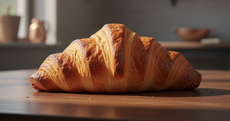 Golden flaky French croissant showing buttery layers — what a croissant looks like.