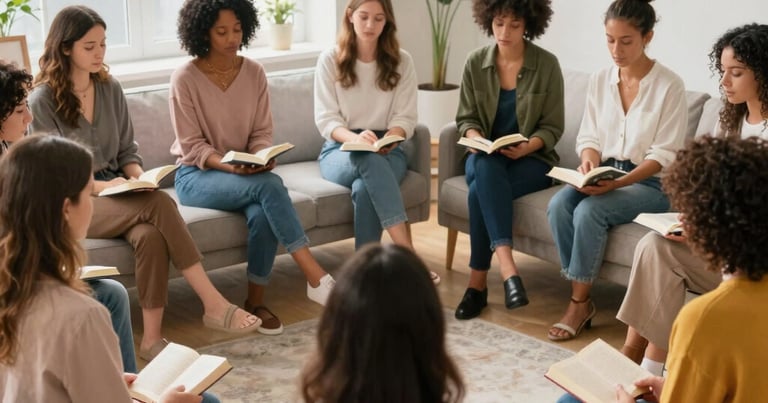 Diverse group of women sitting in a bright living room for a support group meeting or book club.