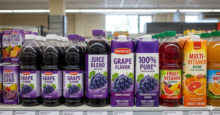 Variety of bottled grape juice and fruit vitamin blend drinks displayed on a grocery store shelf.