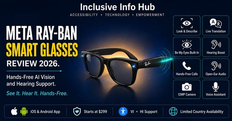 Meta Ray-Ban Smart Glasses Review 2026 featured image showing AI glasses with feature badges for blind and deaf accessibility