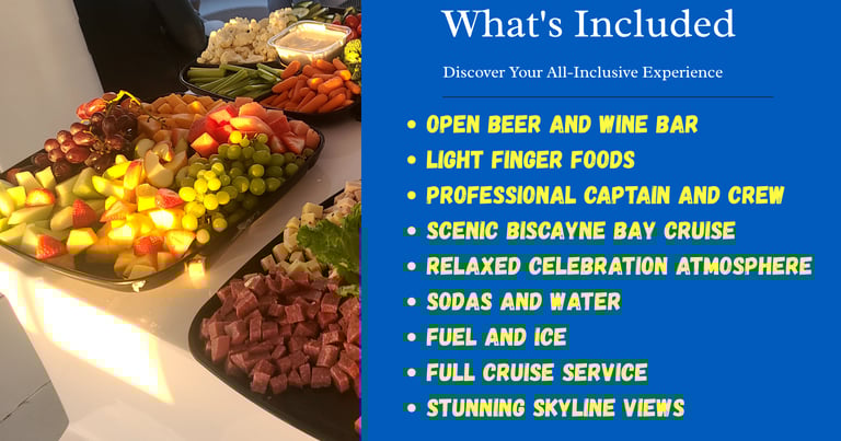 Biscayne Bay cruise catering featuring fresh fruit, cheese, and vegetable platters with all-inclusive service details.