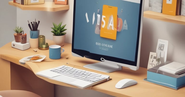 A designer working on a vibrant logo concept on a computer screen.