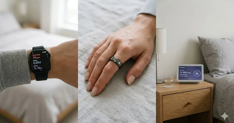 A person using a smartwatch, smart ring, and bedside display to track sleep health and heart rate data.