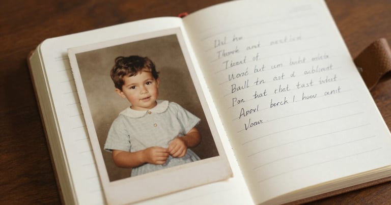 Childhood photograph placed on open journal page beside adult handwriting for inner child journaling